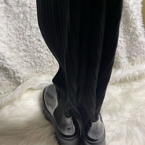 EGO Synthetic Black patent and knitted thigh high chunky platform boots SZ10.5 - Picture 6 of 10